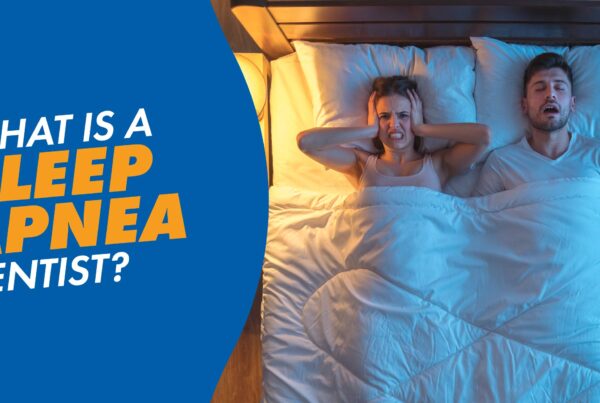 A couple lying in bed with the woman covering her ears with a text overlay that says "what is a sleep apnea dentist?"