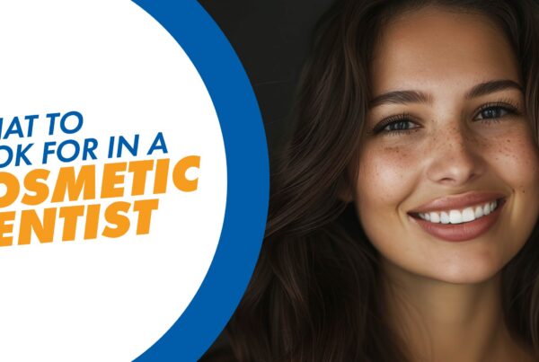 An image of a woman smiling with a text overlay that says Choosing a Cosmetic Dentist Near Me