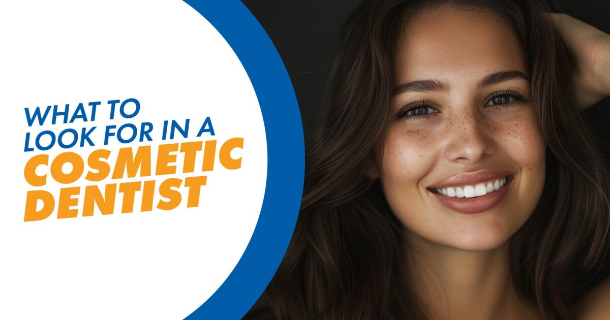An image of a woman smiling with a text overlay that says Choosing a Cosmetic Dentist Near Me
