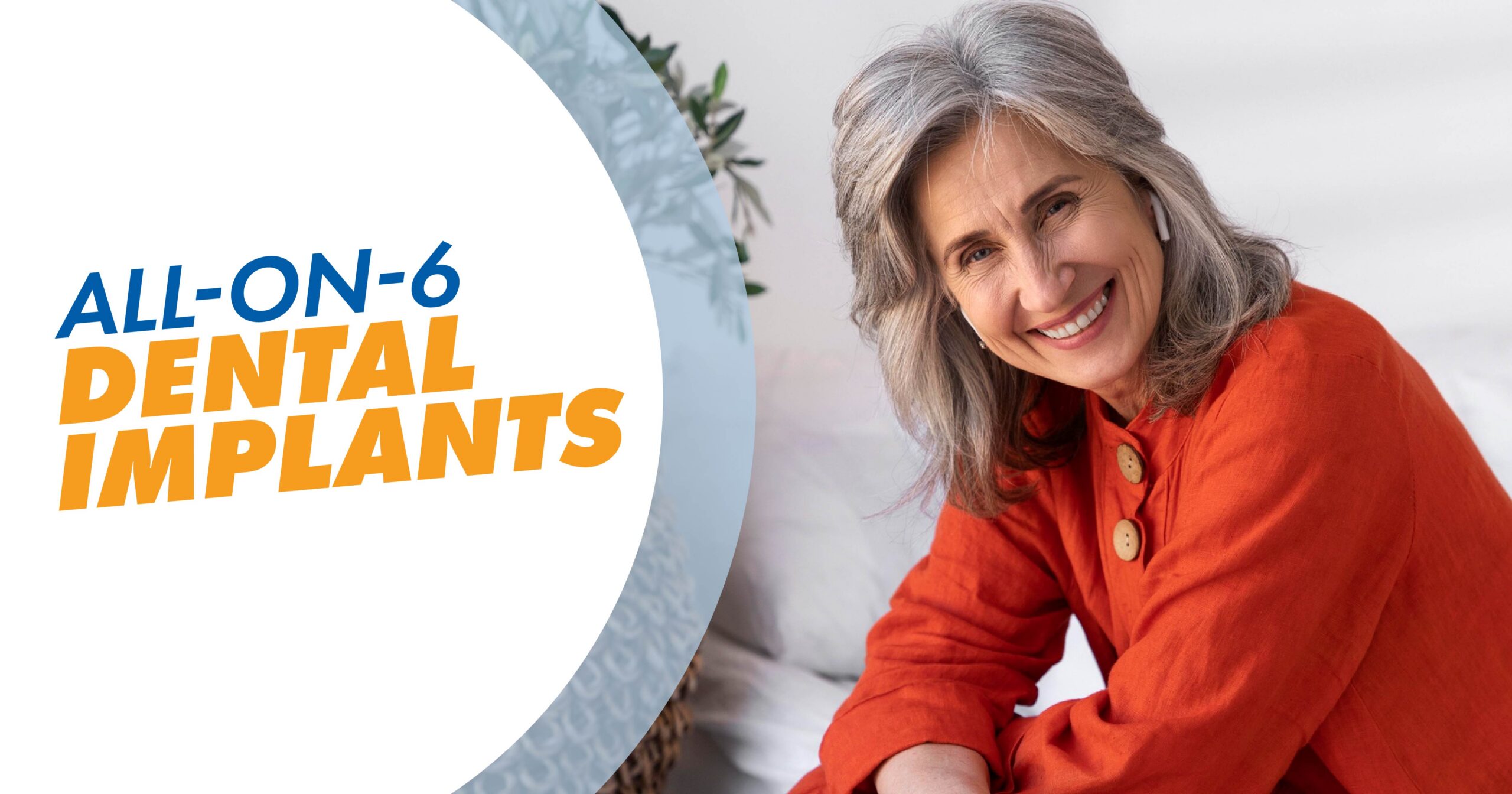 A picture of a woman in a red shirt smiling with a text overlay that says All-on-6 Dental Implants